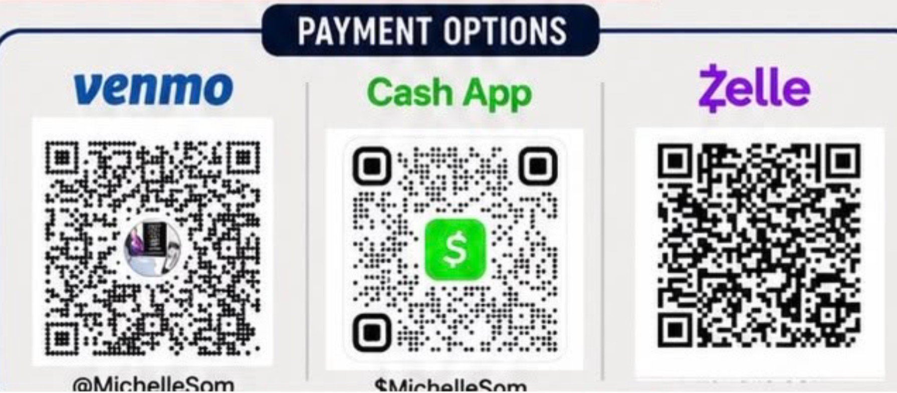 Launch 2027 payment options for Venmo @MichelleSom, Cash App $MichelleSom and Zelle